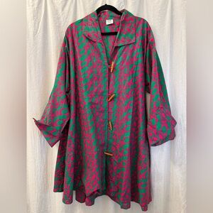 Kimono Tunic Robe Dress Vibrant Pink Green Abstract Pattern Toggle Buttons O/S